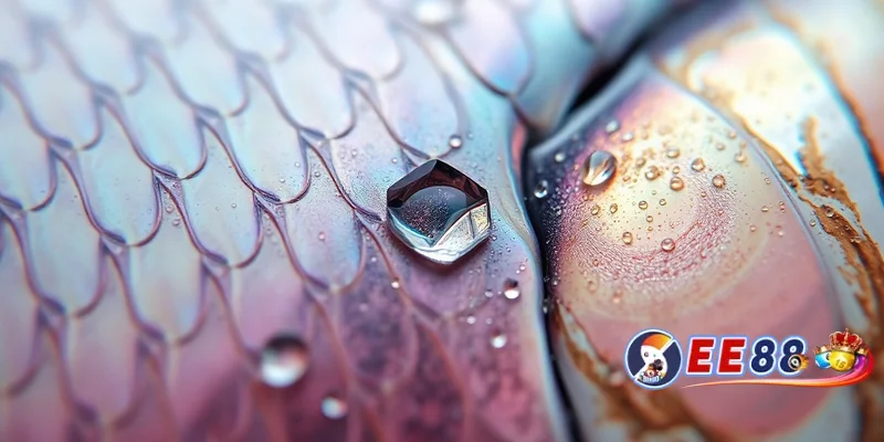 Hình ảnh macro vảy cá lấp lánh dưới nước, màu sắc óng ánh