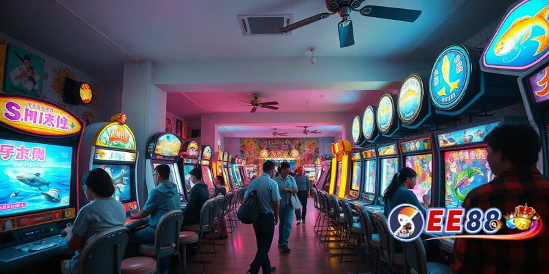 Phòng chơi bắn cá rộng lớn với máy game phát sáng và người chơi