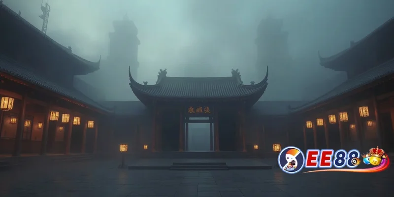 Toàn cảnh sân đền cổ kính với đèn lồng và sương mù, không gian của tính năng đặc biệt.