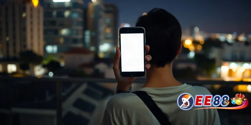Người chơi cầm điện thoại trên ban công đêm, sẵn sàng tham gia trải nghiệm game.