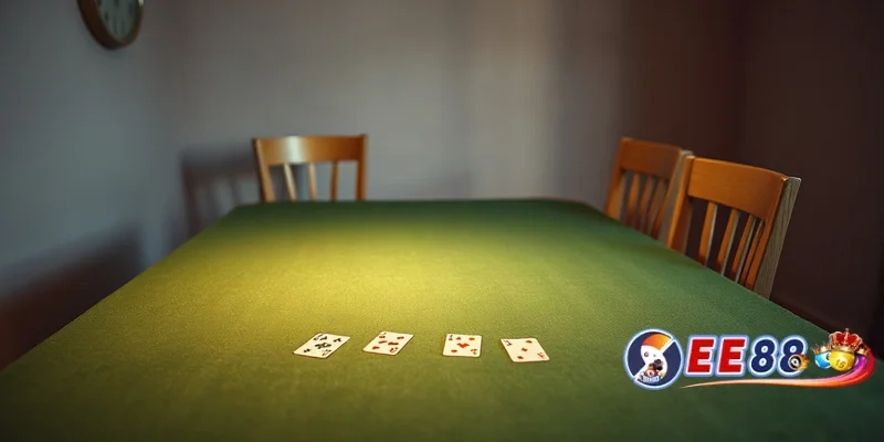 Bàn baccarat xanh trống trong phòng ấm, vài lá bài úp, không có người