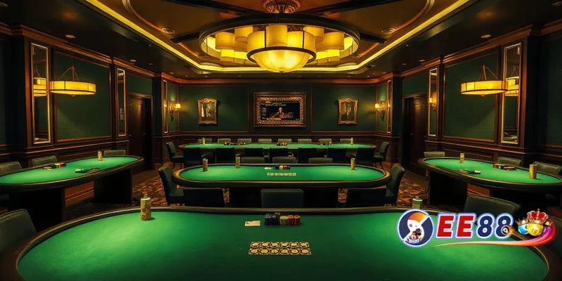 Phòng chơi poker sang trọng với bàn xanh và ánh đèn vàng, không khí tập trung
