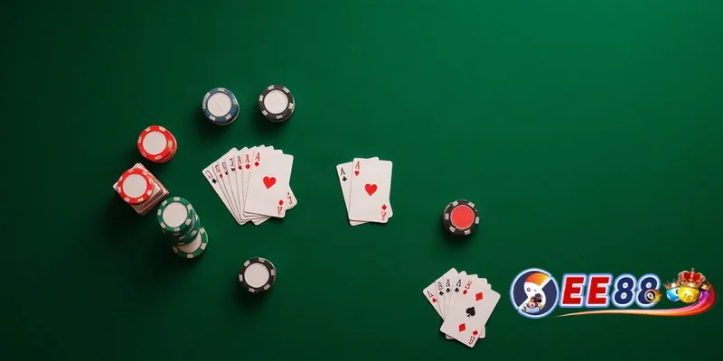 Bàn poker nhìn từ trên cao với bài chung và chip, mô tả các bước chơi