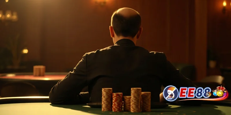 Người chơi poker từ phía sau, tư thế bình tĩnh, chip xếp gọn gàng