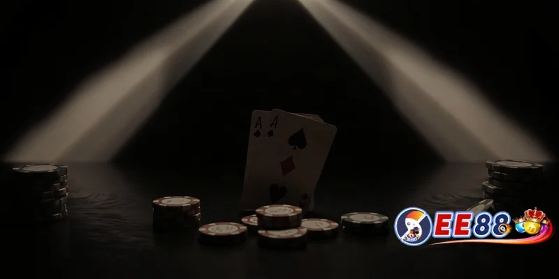 Bộ bài poker đẹp mắt với hai lá át và chip, ánh sáng kịch tính