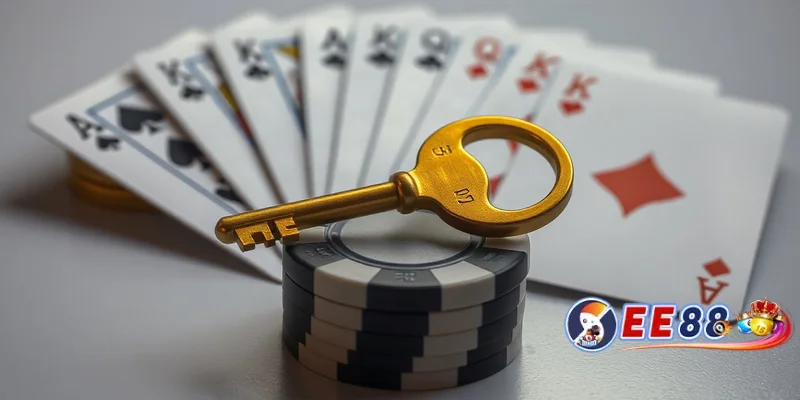 Chìa khóa vàng trên chip poker, ẩn dụ cho phần thưởng và cơ hội