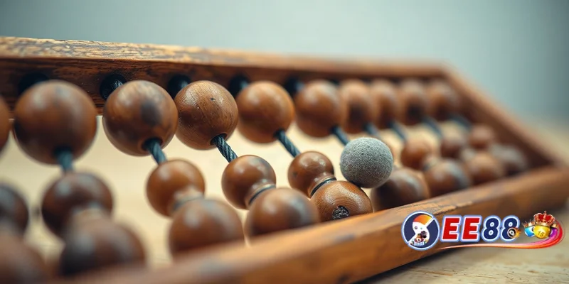 Bàn tính gỗ cũ với hạt gỗ được kéo sang một bên, ánh sáng ấm áp