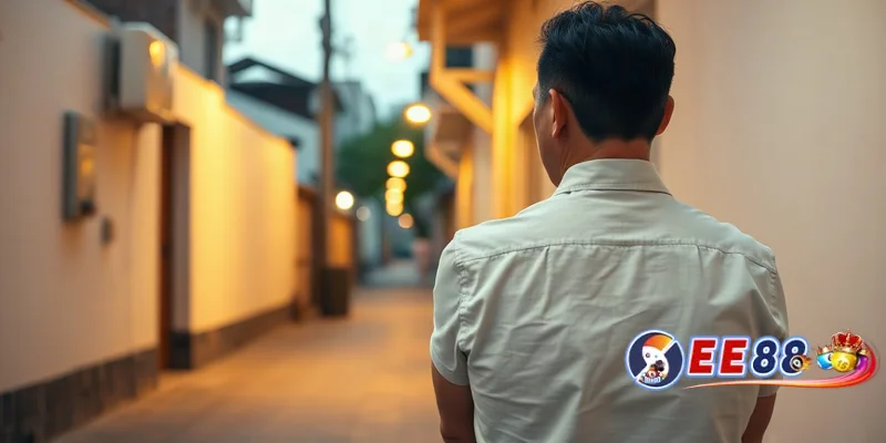 Người đàn ông ngồi trên ghế nhựa nhìn ra con hẻm yên tĩnh buổi tối