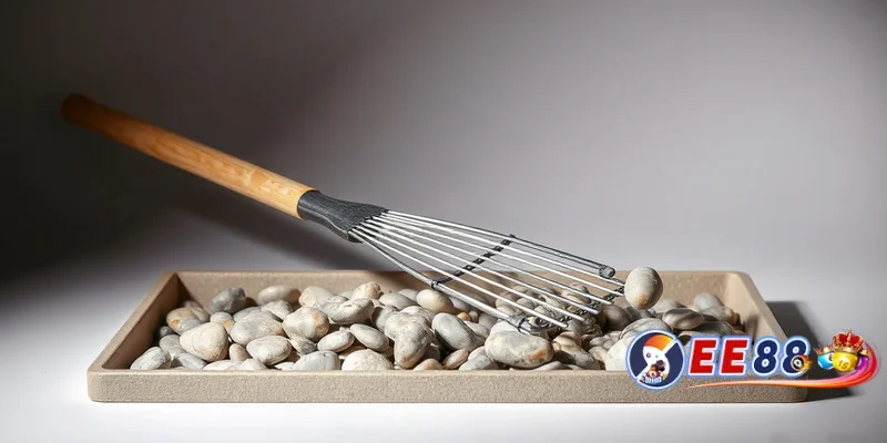 Cào vườn đặt trên khay sỏi phẳng với một viên sỏi tách riêng