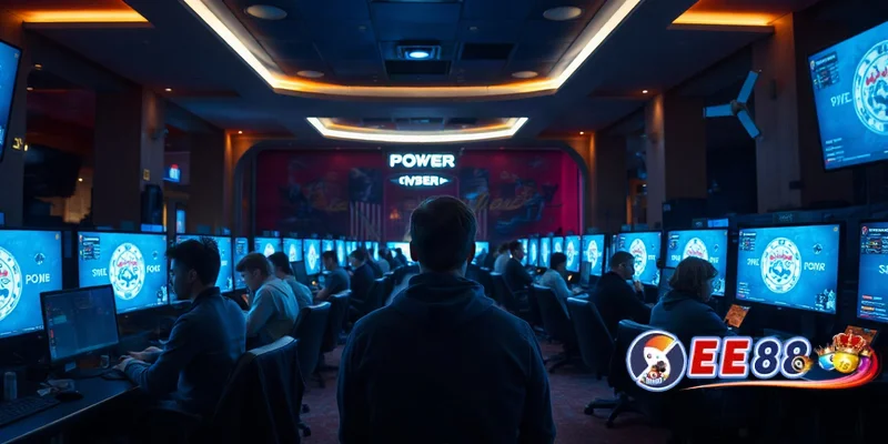 Không gian phòng chơi poker online hiện đại với nhiều người chơi tập trung trước màn hình