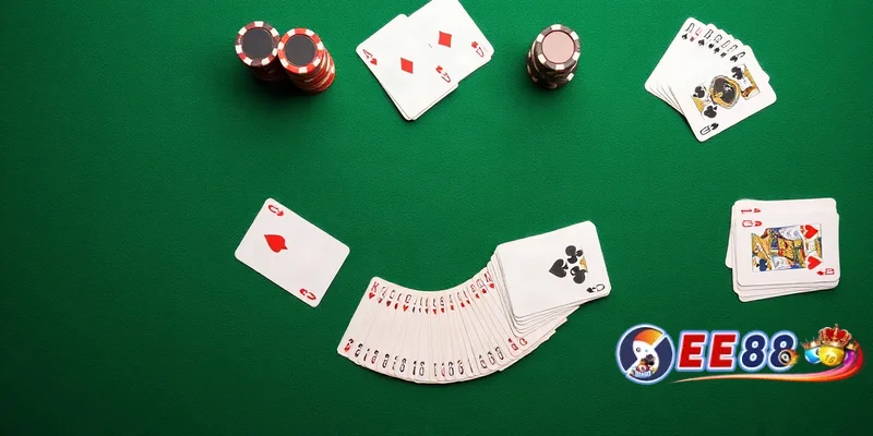 Ảnh chụp từ trên xuống bàn poker với bài và chip được sắp xếp gọn gàng