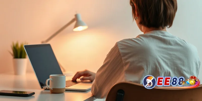 Người chơi poker online ngồi từ phía sau trước laptop, suy nghĩ chiến thuật