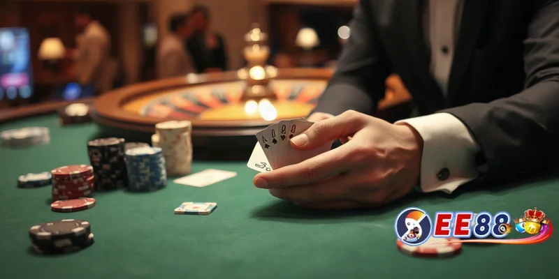 Tay dealer đang chia bài trên bàn chơi casino trực tuyến với phông nền ấm áp
