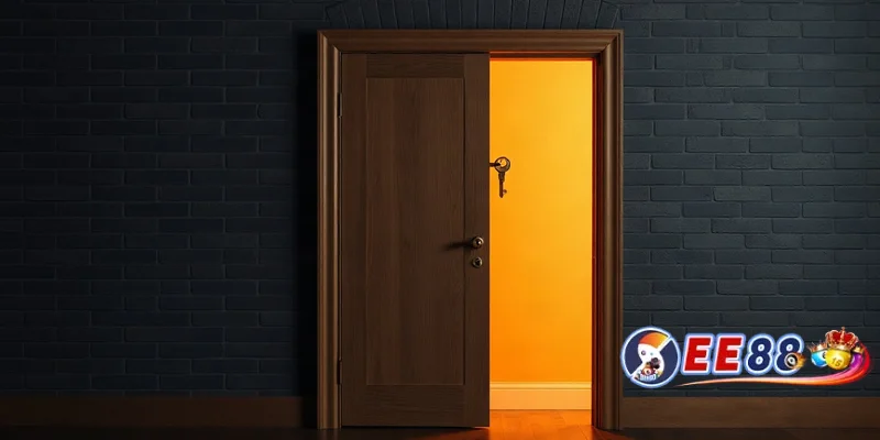Cánh cửa gỗ mở hé với chìa khóa phát sáng, ẩn dụ về điều kiện đăng ký ee88
