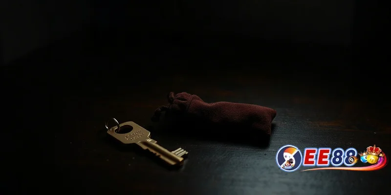 Chìa khóa đồng trên bàn gỗ tối, ánh sáng kịch tính thể hiện việc đăng nhập EE88 an toàn.