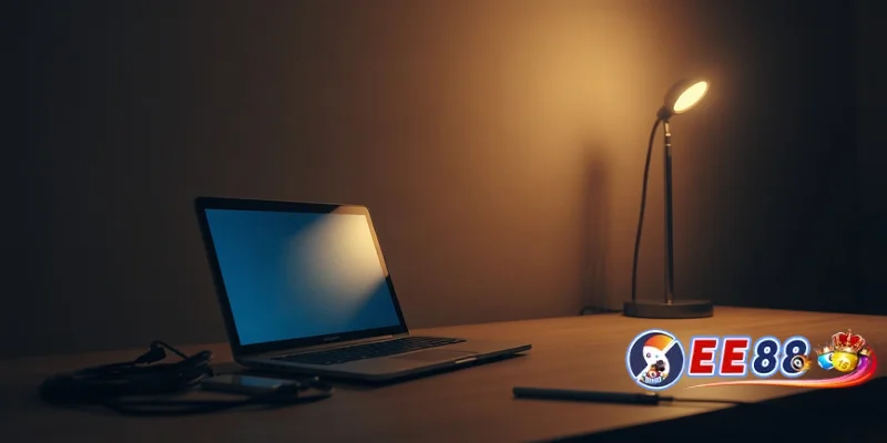 Phòng làm việc tối với laptop và dây cáp mạng, ánh đèn bàn ấm, gợi xử lý sự cố đăng nhập.