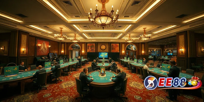 Không gian sòng bài ee88 rộng lớn với nhiều bàn chơi và dealer chuyên nghiệp