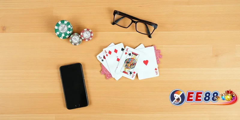 Bố cục phẳng các vật dụng chơi game bài ee88 trên bàn gỗ