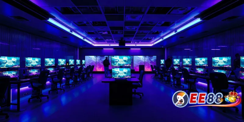 Phòng chơi game hiện đại với màn hình rực rỡ, đèn neon xanh tím tạo không gian giải trí sôi động