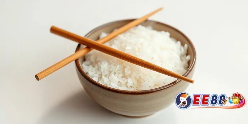 Đôi đũa gỗ đặt trên miệng bát cơm trắng, ẩn dụ cho kèo Tài Xỉu EE88 với hai cửa cược cân bằng.