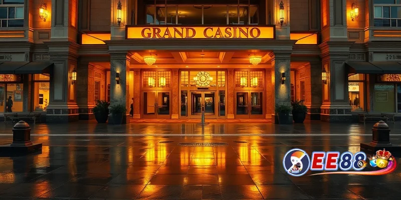 Cổng vào sòng bạc sang trọng với đèn neon phản chiếu trên nền ẩm ướt, không có người