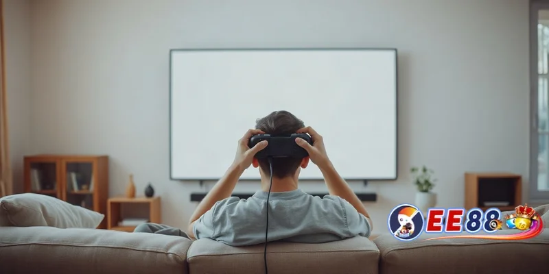 Một người đàn ông ngồi trên ghế sofa cầm tay cầm chơi game, không khí thư giãn tại sảnh game.