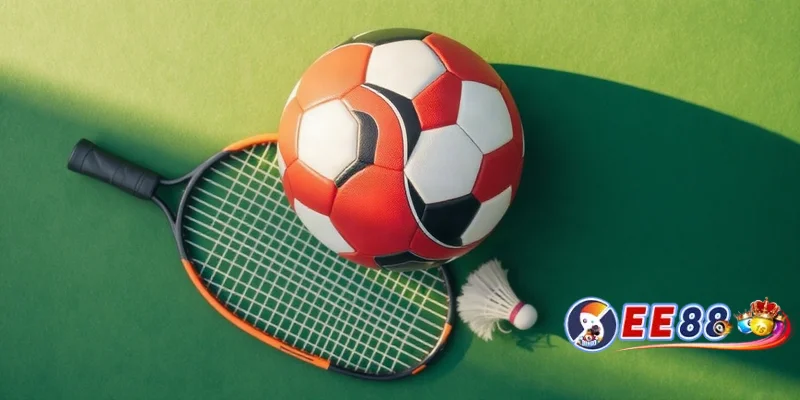 Ảnh thể thao ee88 với bóng đá, bóng rổ, vợt tennis và cầu lông trên nền xanh