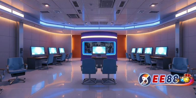 Không gian hiện đại của sảnh xổ số trực tuyến ee88 với màn hình và ánh sáng xanh vàng
