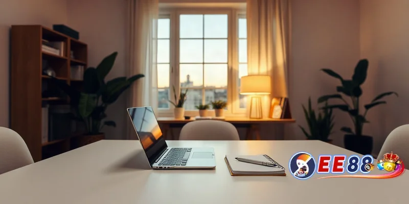 Góc làm việc ấm cúng với laptop và sổ tay, nơi người chơi quản lý vốn và soi cầu xổ số ee88
